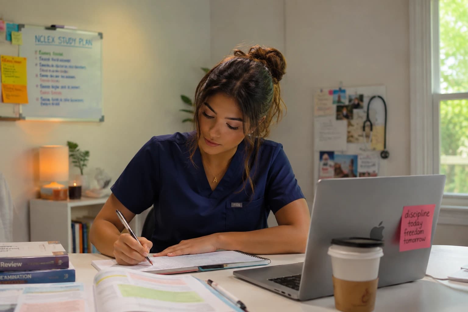 A nursing student in scrubs working through NCLEX practice questions at her desk, a study plan on the whiteboard behind her