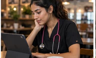 A nurse working through questions on a tablet in a café