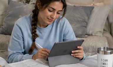 A nursing student annotating questions on a tablet at home
