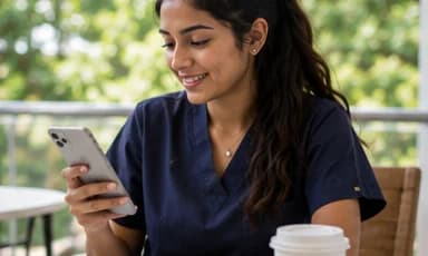 A nurse in scrubs reviewing questions on her phone outdoors with a coffee